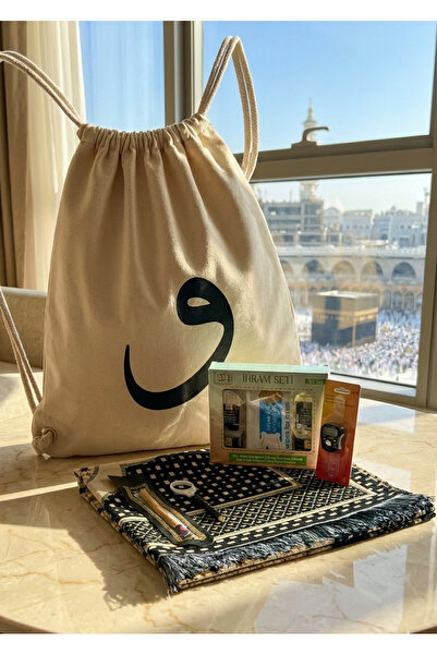 ihvan online Vavlı Bez Sırt Çantası, 5li İhram Seti, Seccade, Misvak, Zikirma...