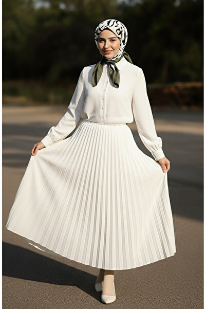 sefamerve Elastic Waist Pleated Skirt 0213-02 White