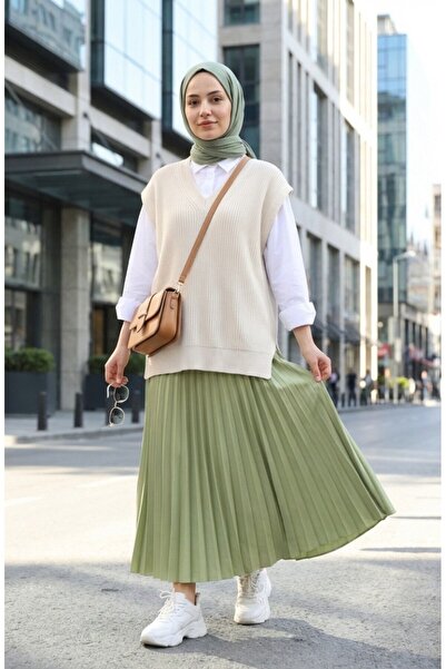 sefamerve Elastic Waist Pleated Skirt 0213-10 Pistachio Green