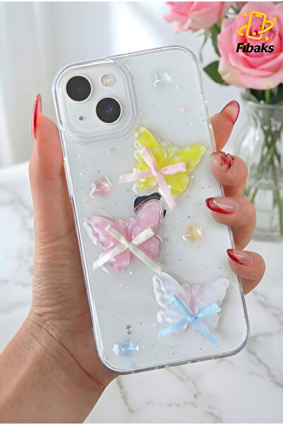 Fibaks Apple iPhone 13 - 14 - 15 Kılıf Şeffaf Simli Renkli 3D Kelebek Desenli...