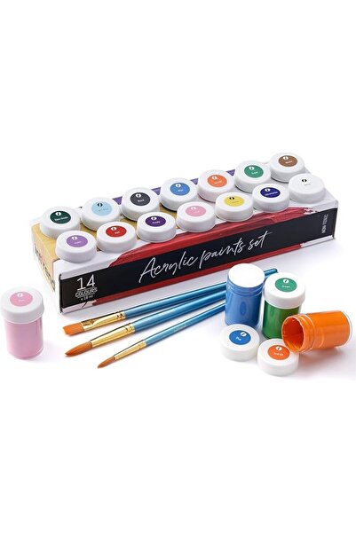 İNT Комплект за рисуване, 14 цвята метална акрилна боя 18 мл, 2 кръгли четки,...