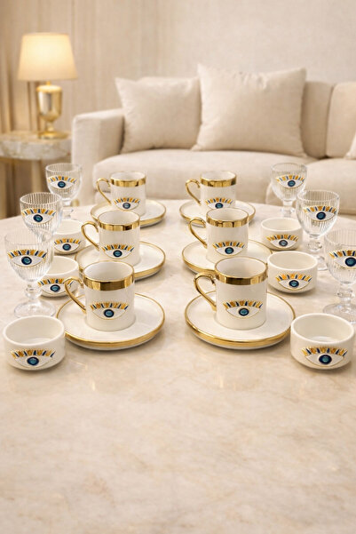 YzHome 6 Kişilik Porselen Nazar Göz Fincan Takımı Seti ve 6 Adet Porselen Lok...