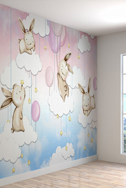 dreamwall 3 Boyutlu Mutlu Tavşanlar Desenli Çocuk Odası Kumaş Duvar Kağıdı - ...