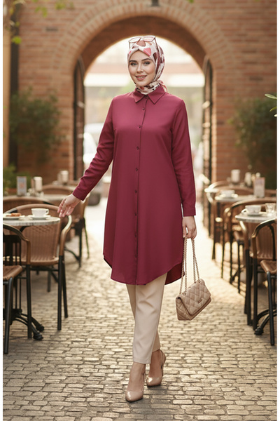 sefamerve تونيك فيسكوز بأزرار 6116-03 أحمر كلاريت