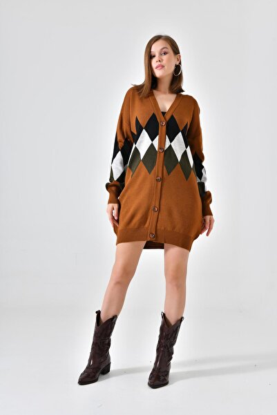 FTZ WOMEN Women's Chest Diamond Pattern Cardigan Tan 21-6285