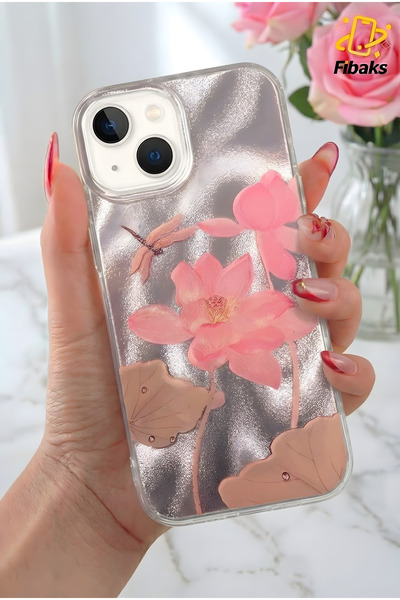 Fibaks حافظة آيفون 13/14/15 ثلاثية الأبعاد باللون الوردي بنمط زهرة اللوتس الم...