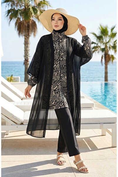 sefamerve Modest Swimwear Modern Line Pattern 3-Piece Set 1903-09 Beige