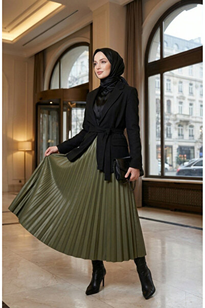 sefamerve Elastic Waist Pleated Skirt 0213-16 Khaki