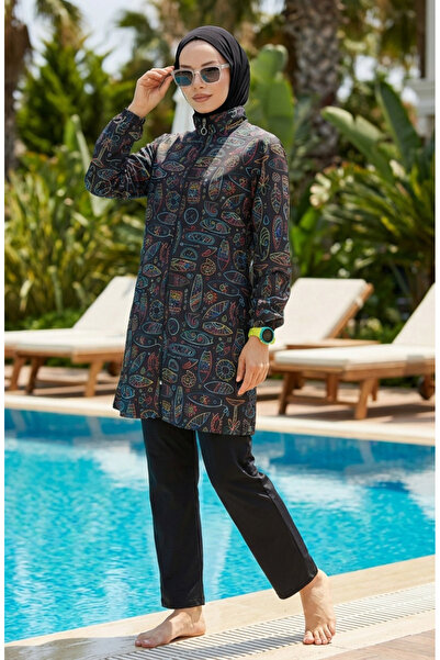 sefamerve Hijab Swimsuit Cleopatra Pattern 3 Piece Set 1903-08 Black Yellow