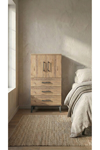 Dienni Arges Komodin 2 Raflı 3 Çekmeceli 2 Kapaklı 60x30x106 Çam-Çam