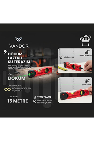 Vandor 15 Metre Profesyonel Mıknatıslı Lazer Su Terazisi 21 Cm - 659675412375