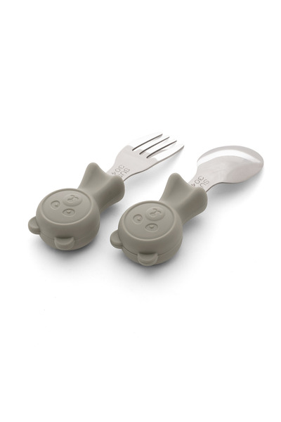 jojobebek Premium Children's Bpa Free Quality Silicone Handle Stainless Steel Tip Fork-Spoon /Grey