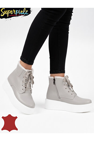 ANGEL BLUE Ghete îmblănite gri casual din piele naturală pentru femei cu talp...