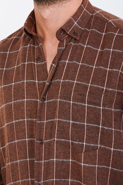 Varetta Erkek Kahverengi Kışlık Gömlek Uzun Kol Kareli Cepli Yaka Düğmeli