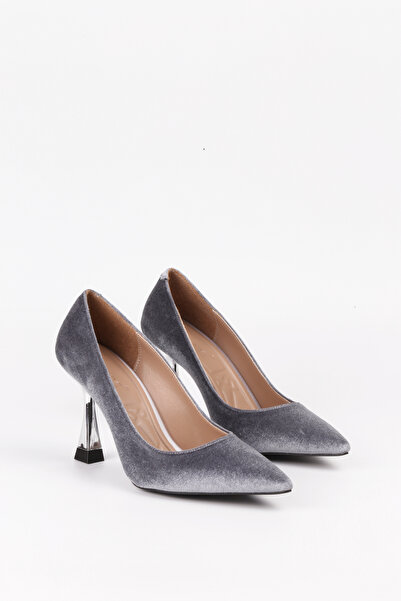 Luxent Kadın Sivri Burun Stiletto Kadife Dokulu Topuklu Ayakkabı Velluto Gümüş