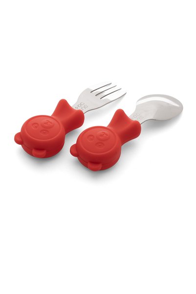 jojobebek Premium Children's Bpa Free Quality Silicone Handle Stainless Steel Tip Fork-Spoon / Red