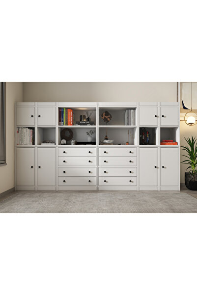 Nettrends 8 Kapaklı Çekmeceli Raflı Kitaplık 260 cm Beyaz Ktp_1373_Ç