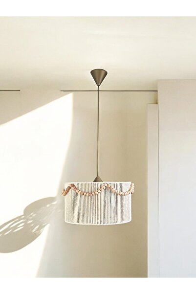 KorFam Beyaz Makrome El Yapımı Bohem Silindir Boncuklu Rustik Avize