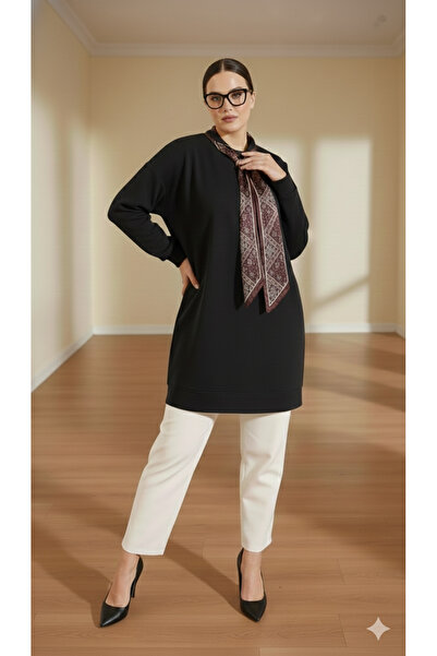 Curly Black Modal Fabric Tunic with Scarf Collar