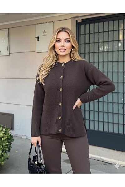 Curly Brown Buttoned Split Cardigan