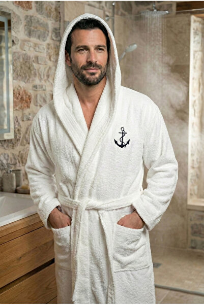 Motif Mağaza %100 PAMUK Kapüşonlu Cepli Nakışlı Erkek Bornoz