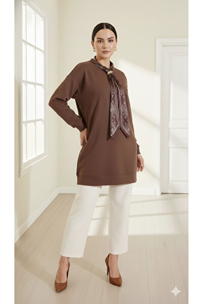 Curly Brown Modal Fabric Tunic with Scarf Collar