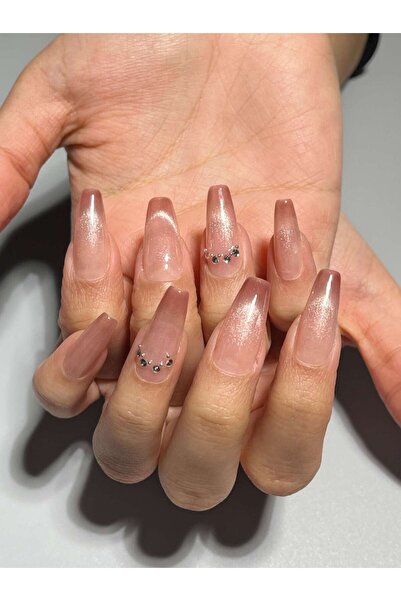 wow kutu 221 M Beden Nude Kedi Gözü Ombre Taşlı Protez Jel Takma Tırnak Ve Ak...