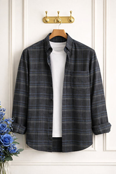 Varetta Erkek Füme Kışlık Gömlek Cepli Klasik Kesim Uzun Kollu