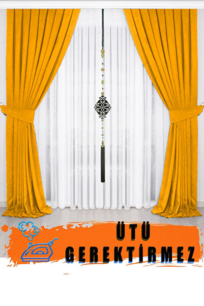 İ.D İpek Dokuma Hardal Sarısı Pileli Fon Perde Kadife Görünümlü Petek Dokulu ...