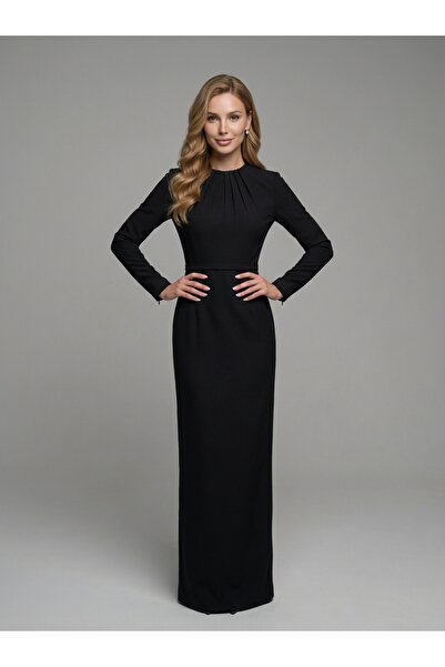 PEARL Uzun Siyah Abiye Elbise – Pile Detaylı, Bel Vurgulu ve Zayıf Gösteren Ş...