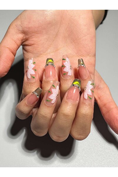 wow kutu C25 M Beden Nude Yeşil Kedi Gözü French Protez Jel Takma Tırnak Ve A...