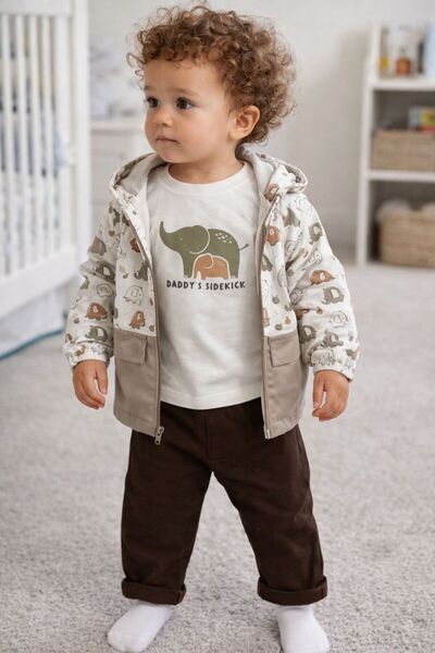 Luna Kids Store Boy's Elephant Patterned Raincoat - Bodysuit - Pants Set
