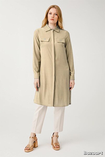 Esswaap Çift Cepli Cep Üzeri Aksesuarlı Uzun Tunik Taş