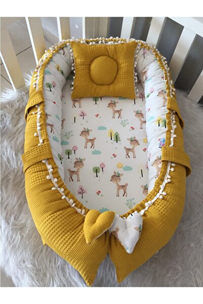 Jaju Baby Hardal Waffle Pike %100 Pamuk Ceylan Tasarım Ponponlu Nest Anne Yan...