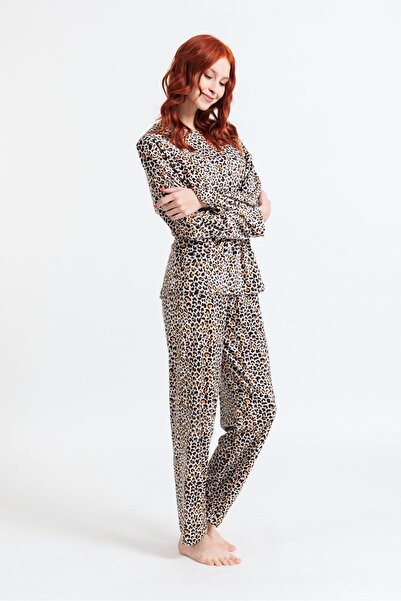 Pemilo Set de pijamale din catifea cu model leopard pentru femei 13504-577