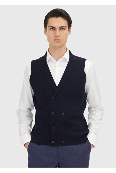 Ramsey Navy Blue Regular Fit Butterfly Collar Casual Knitted Sweater Vest