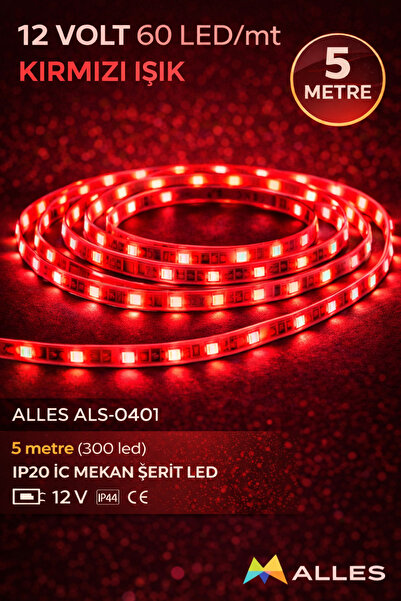 ALLES 5MT İÇ MEKAN KIRMIZI ŞERİT LED 12V 5050/60 5 METRE