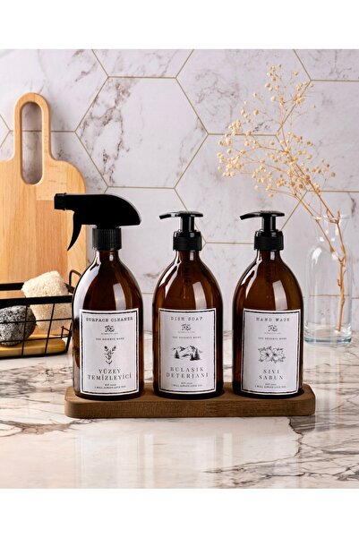 Kitchen Pembelia Ahşap 3 Bölmeli Standlı 3’lü Amber 500 ml Cam Yüzey Temizley...