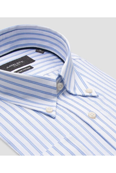 Abbate Carlo Twill Pamuklu Slim Fit Açık Mavi Düğmeli Yaka Erkek Çizgili Gömlek