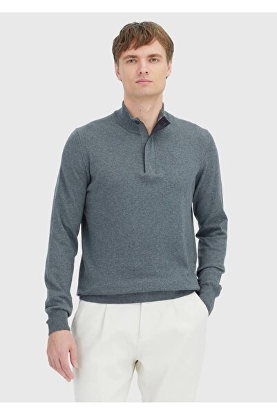 Ramsey Anthracite Half Turtleneck Plain Knit Cotton Blend Sweater