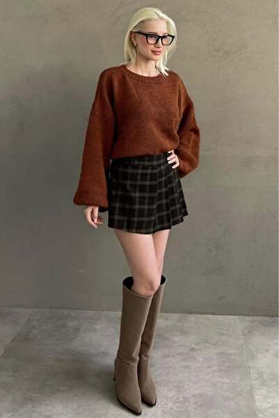 Madmext Brown 100%Cotton Plaid Pattern Pleated Mini Shorts Skirt Mg2629