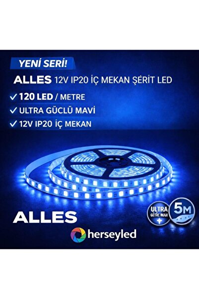 ALLES 120 LEDLİ PROFESYONEL ŞERİT LED MAVİ 5 METRE 12 VOLT 2835 ÇİPLİ