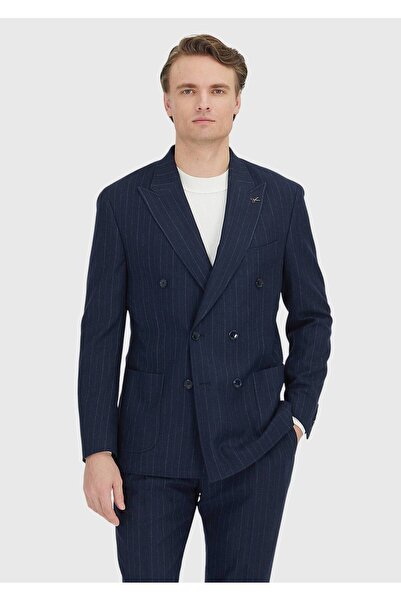 Ramsey Navy Blue Striped Shirt Shoulder Slim Fit Wool Blended Jacket