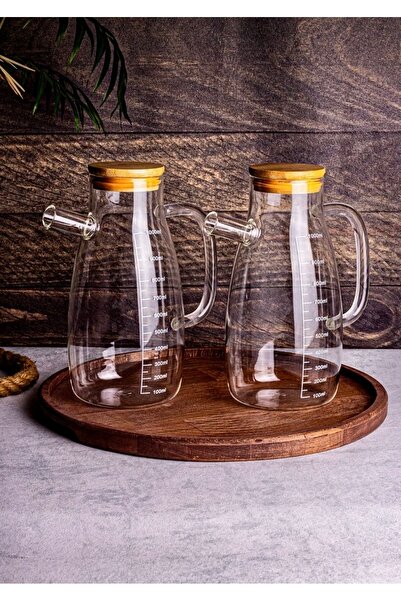 Pembelia Life 2’li Bambu Vakumlu Kapaklı 1000 ml Cam Yağdanlık Seti Ayçiçek Z...