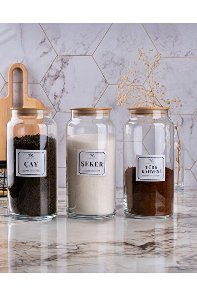 Kitchen Pembelia 3’lü  Bambu Vakumlu Kapaklı 1300 ml Cam Çsy Şeker Türk Kahve...