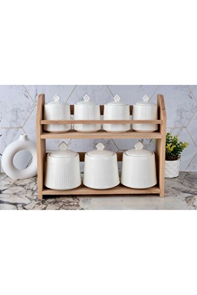 Pembelia Life Ahşap Standlı 7’li Porselen Baharat Saklama Kavanoz Seti Bahara...