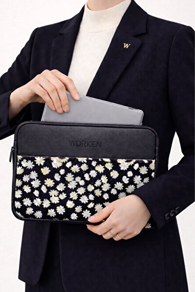 worken 13 - 14 Inç El Tutmalı, Fermuarlı, Cepli Tablet Kılıfı, Papatya Desenl...