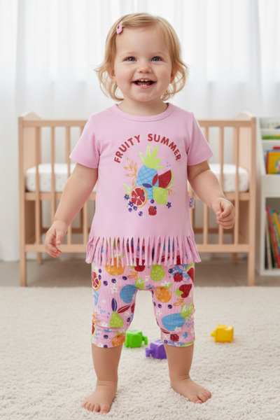 EYMİRGİYİM طقم أطفال بناتي صيفي من فروتي فروت مطبوع مزين بشراشيب من 6-9 أشهر،...