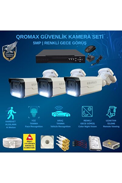 qromax 3 Kameralı Set - Yapay Zeka Özellikli Gece Renkli Gösteren 1080p Güven...