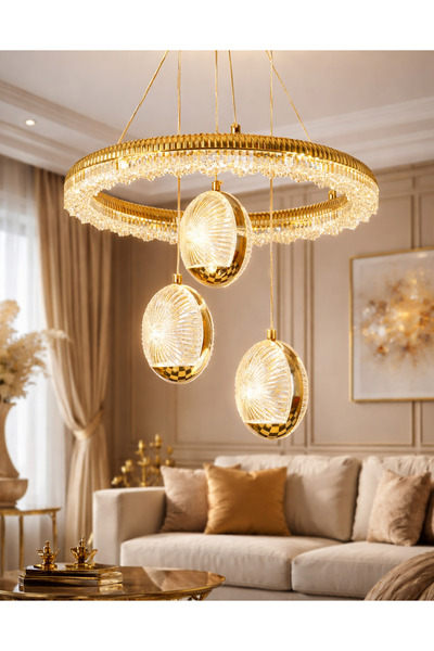 EY-EL TASARIM DURU GOLD 3 TOPLU + ÇEMBER LEDLİ 3 RENK MODERN SARKIT AVİZE